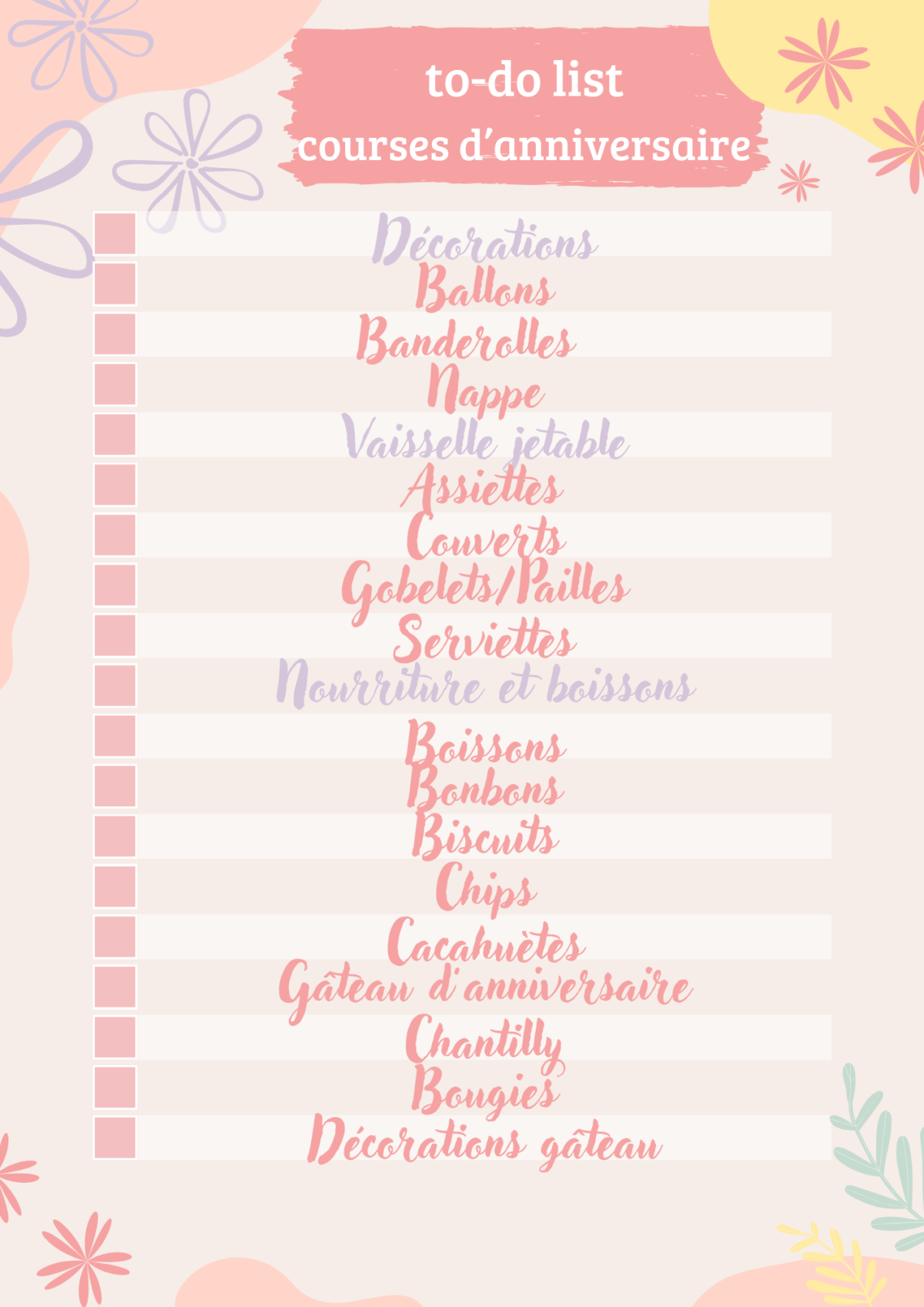 La liste de courses d'anniversaire - to-do list à compléter